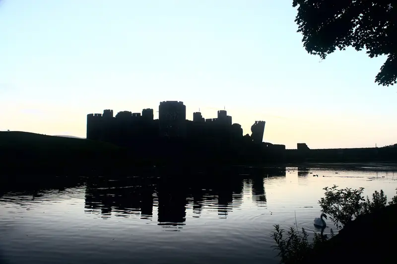 Caerphilly Castle: Caerphilly Castle from the southwest - shortly before dawn on 22nd June 2020