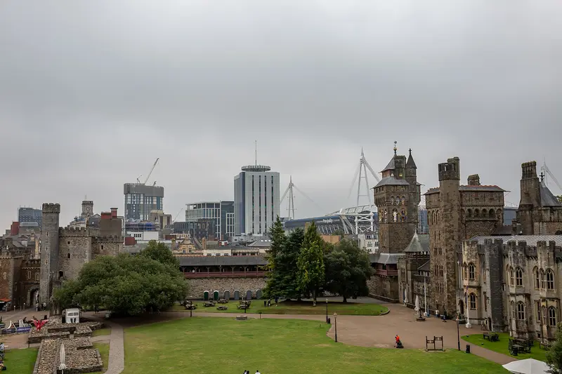 Cardiff Castle: A view of Cardiff from the top of Cardiff Castle in Cardiff, Wales.