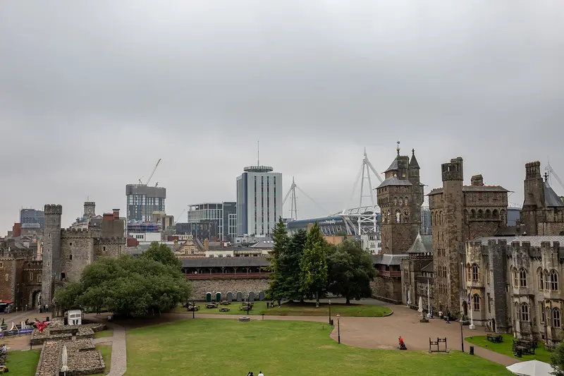 Cardiff Castle: A view of Cardiff from the top of Cardiff Castle in Cardiff, Wales.