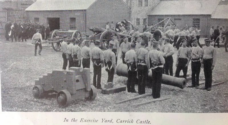 Carrickfergus Castle: Antrim Militia Artillery at Carrickfergus Castle. From the Navy and Army Illustrated, 1897