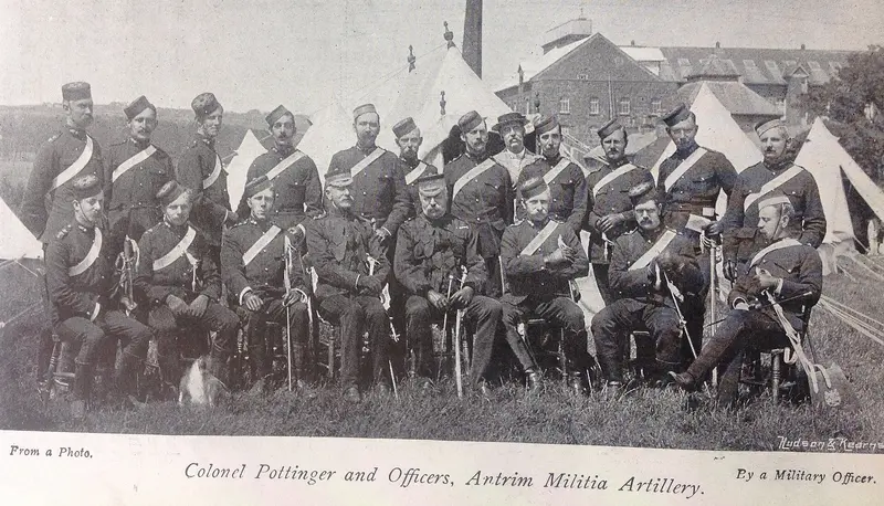 Carrickfergus Castle: Officers of the Antrim Militia Artillery at Carrickfergus Castle. From the Navy and Army Illustrated, 1897