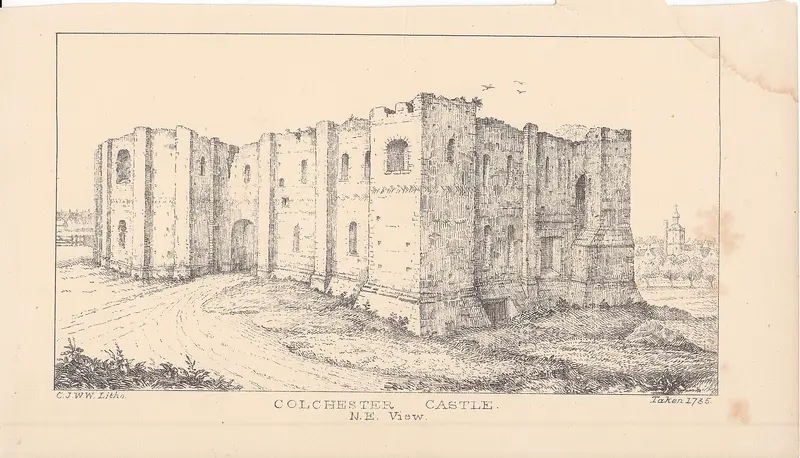 Colchester Castle: Colchester Castle NE View 1735 Royal History of Eastern England 1873 Book Print. Published by A.D. Bayne.