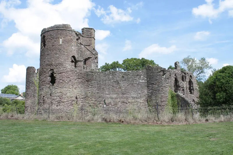 Grosmont Castle: Grosmont Castle seen from the south. The round tower dominating the image is the south-west tower, and on the right is the gatehouse an entrance.