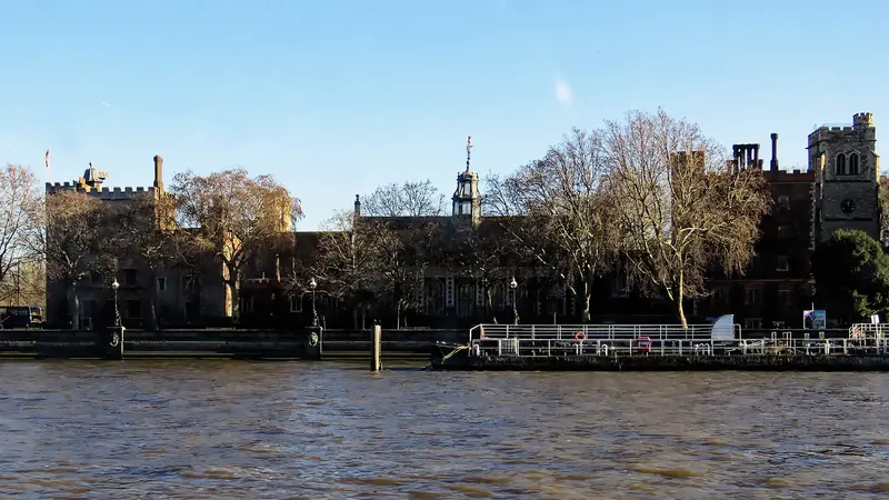 Lambeth Palace: Lambeth Palace and Lambeth Pier on the River Thames in London, England. Wikimedia (2026) makes it difficult to immediately view photo groups related to this image. 