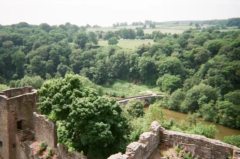 Ludlow Castle: Dinham Bridge over the River Teme, seen from Prince Arthur’s Tower in Ludlow Castle
