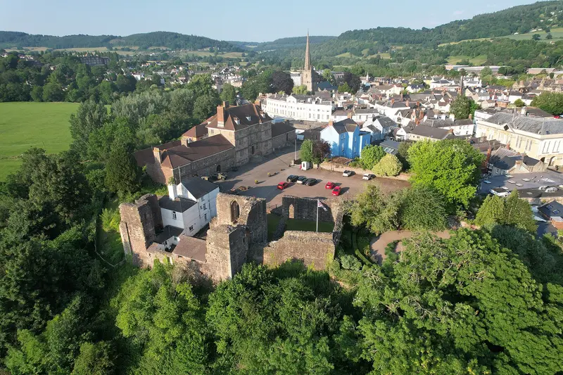 Monmouth Castle: Aerial photo of Monmouth Castle and Museum taken from the west.