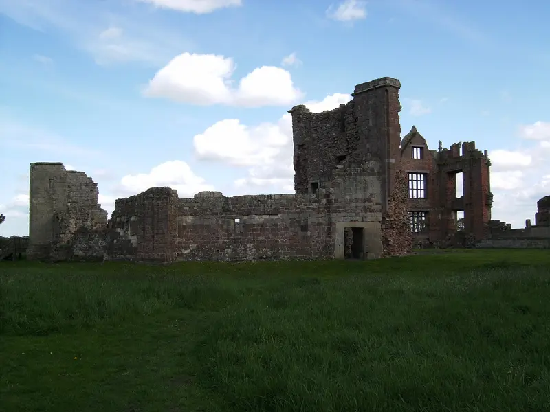 Moreton Corbet Castle: General view of medieval castle from west, with Elizabethan house behind. Moreton Corbet Castle, Shropshire.