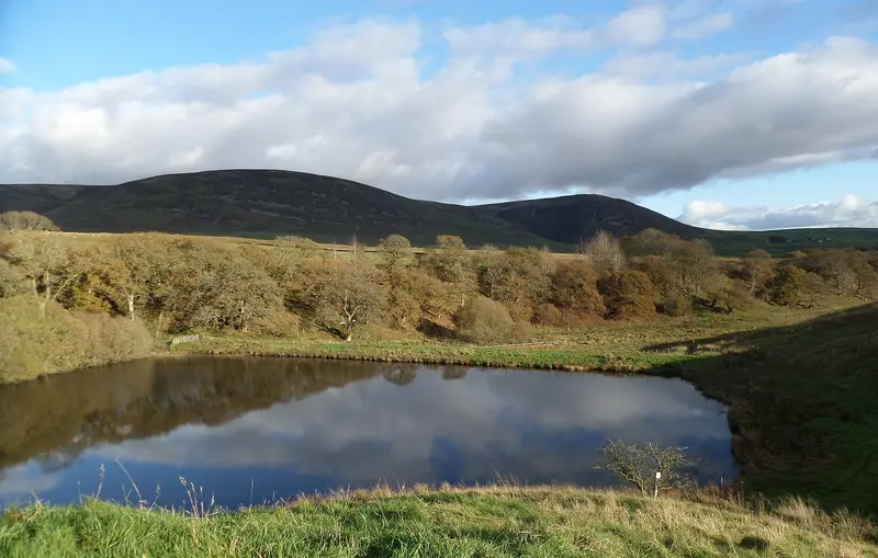 Morton Castle: Morton Loch dam, Thornhill, Dumfries and Galloway, Scotland - view south from the castle.