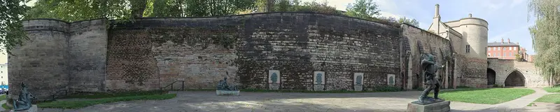 Nottingham Castle: A wide panorama of the retaining wall to the east of Nottingham Castle.