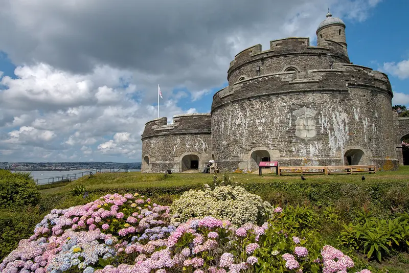 St Mawes Castle: Roseland Peninsulka (Cornwall, United Kingdom) - St Mawes Castle and hydrangea