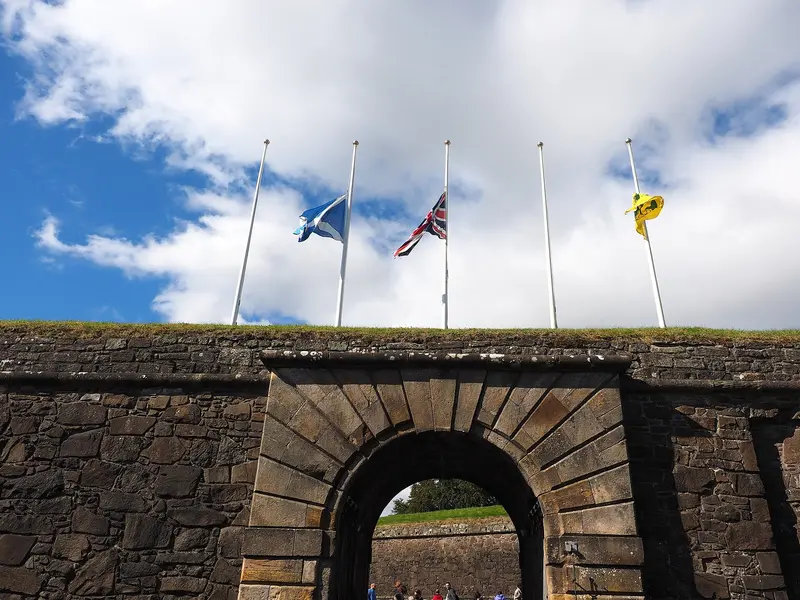 Stirling Castle: Flags flying at half mast for Queen Elizabeth II over the entrance to Stirling Castle