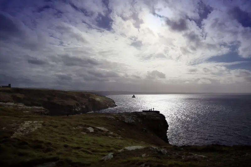 Tintagel Castle: Standing on the island part of Tintagel Castle looking south-west towards Lands' end and the Atlantic Ocean